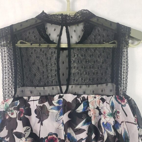 Guess Blouse Womens XL Pink Floral Sheer Mesh Ruffle Overlay Keyhole Lace Top - Picture 7 of 13